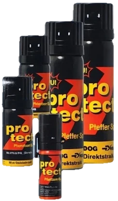 Fünf Protect-Pfeffersprays aus dem vom Kunden gezeigten Sortiment