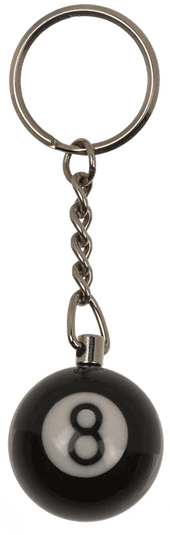 Schlüsselanhänger mit schwarzer Billardkugel, weißer Acht und Metallring
